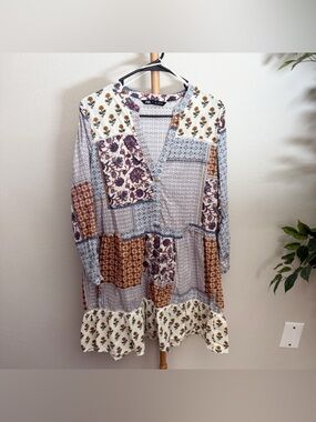 Zara Brown Multicolor Patchwork V-Neck Long Sleeve Dress Women’s Size Large